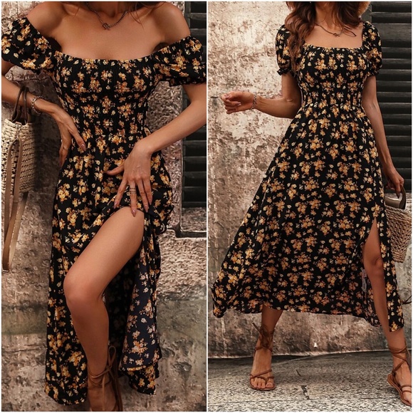Dresses & Skirts - Boho floral Print Off Shoulder Puff Sleeve Dress